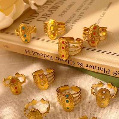 CARLIDANA Vintage Stil bunter Naturstein offener verstellbarer Ring Edelstahl Geometrie Damenringe Schmuck Party Geschenk