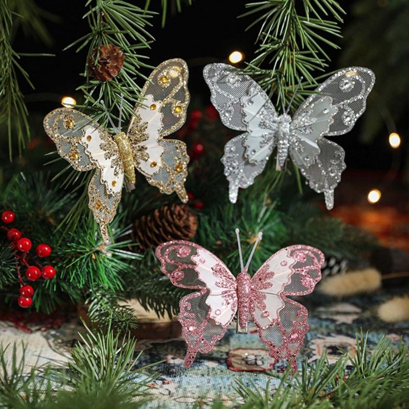 Set of 3 Elegant Butterfly Christmas Ornament Festival Butterfly Hanging Ornament for Christmas Tree Decoration