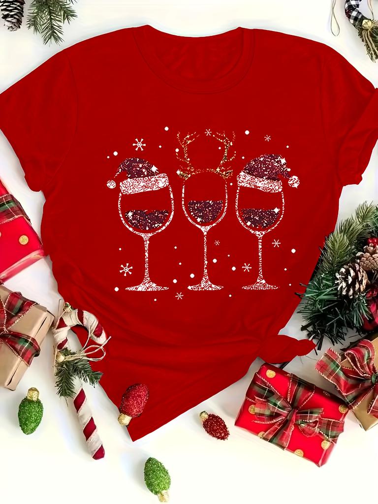 Merry Christmas Tshirt with A Magnet of A Cup Curvy Glitter Christmas Tshirt for Women Farm Clothes Halloween Playful Design