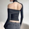 2026 Frühling Schwarzes Langarm-Halter-Off-Shoulder-Bandeau-Top für Damen: Nischen-Hot-Girl-Stil