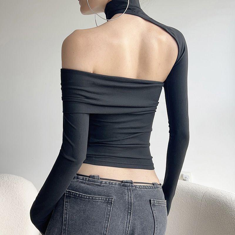2026 Frühling Schwarzes Langarm-Halter-Off-Shoulder-Bandeau-Top für Damen: Nischen-Hot-Girl-Stil