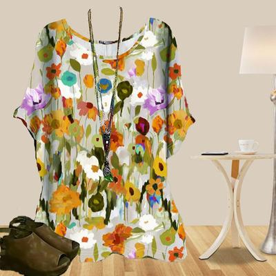 Women's Casual Loose Spring Shirt Women's Short Sleeve Oil Painting of Lilies Printed Tops
