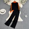 Herbst Winter Kontrast Farbe Gestrickte Pullover Trainingsanzug Volle Hülse Zipper Mantel Jacke und Knöchel-länge Hose Zwei Stück Set
