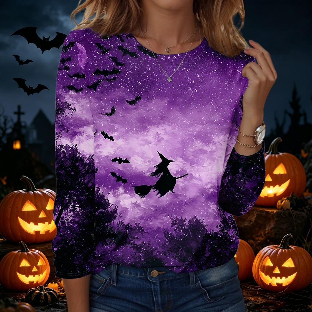 Women's Casual Long Sleeve Crew Neck Sweatshirt Halloween Print Pullover Top Lightweight Comfortable Fit for Everyday Wear