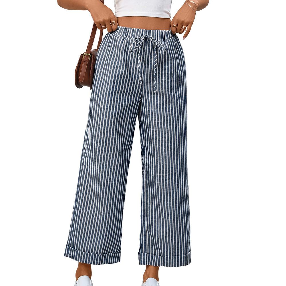 Women's High Waist Drawstring Wide Leg Pants Straight Fit Striped Casual Cropped Trousers