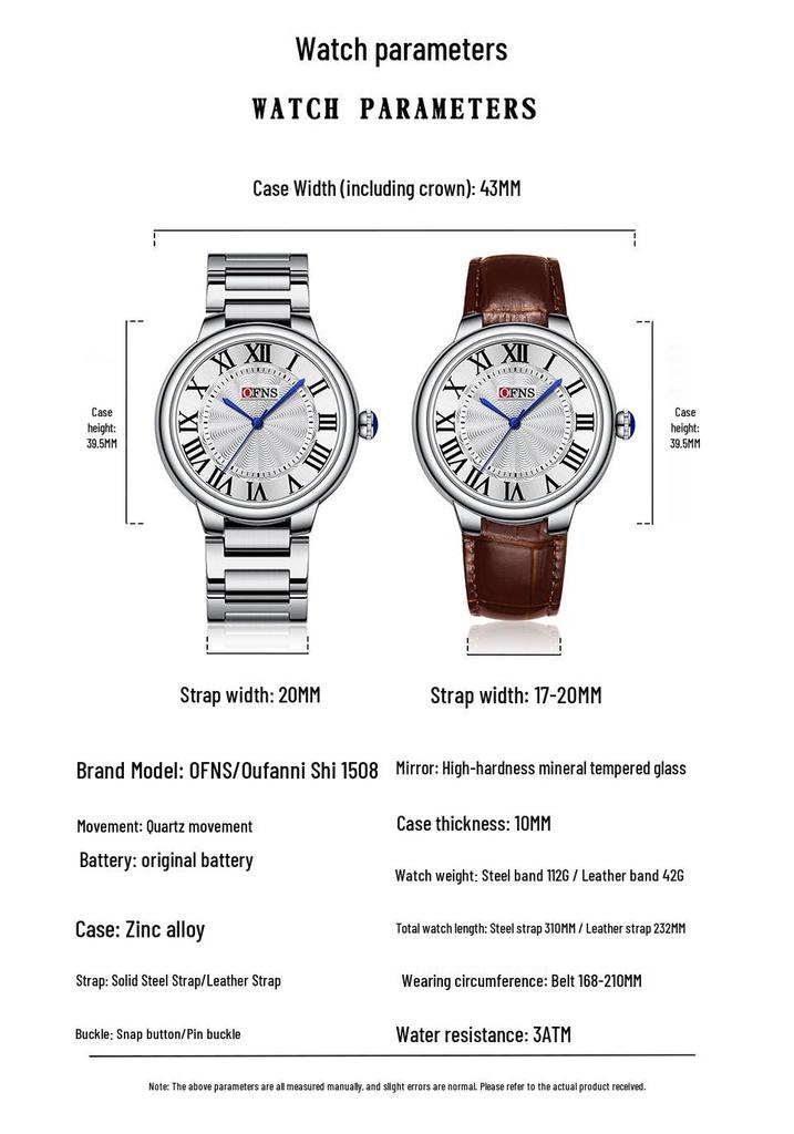 OFNS Rome Couple Watches: Waterproof Quartz Wristwatches with Classic Steel Bands