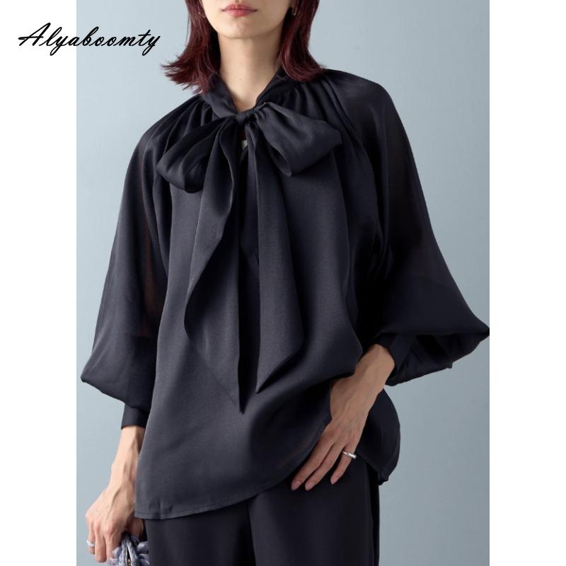 Korean Fashion Spring Autumn Women Stylish Blouse Bow Collar Apricot Black Lantern Sleeve Office Lady Shirt Elegant Ladies' Feminine Shirt