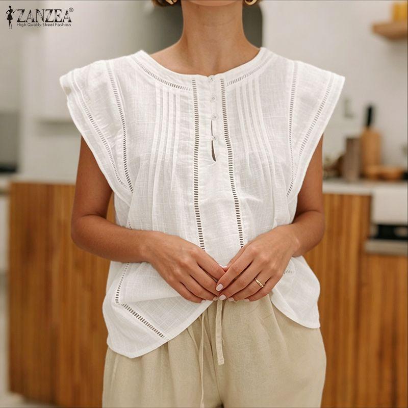 ZANZEA Women Casual Round Neck Solid Color Summer Short Sleeve Blouse