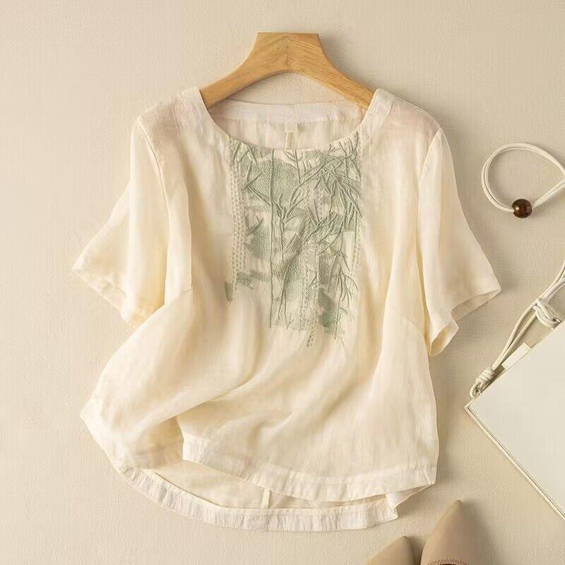 Embroidered cotton and linen top literary retro loose feeling short-sleeved cotton and linen T-shirt summer new women