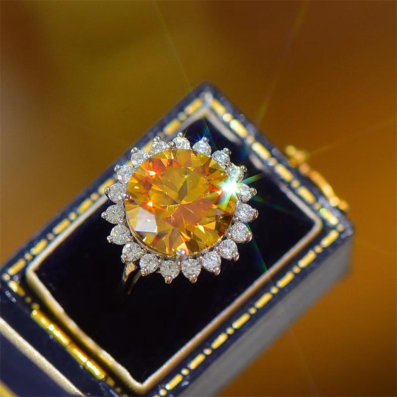 Yellow Moissanite Sunflower Ring with Gold Finish and Certificate. Size 16