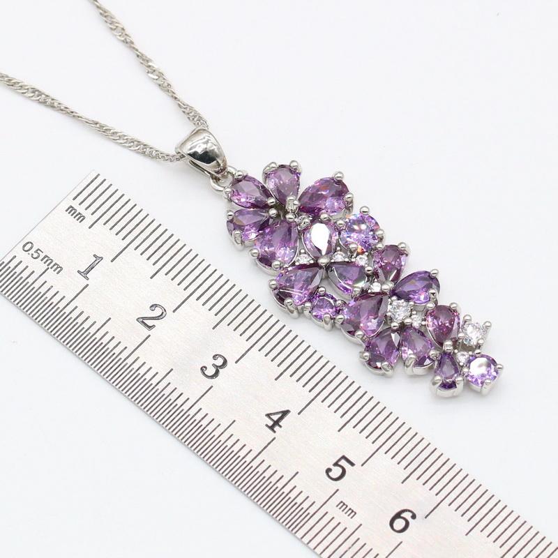 Conjuntos de Joias de Zircônia Roxa Para Mulheres Pulseira Brincos Colar Pingente Anel Caixa de Presente