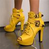 Fashion Women Ankle Boots Platform Lace-Up High Heels Short Boats Female Buckle Spring Summer Red Yellow White Peep Toe Sexy Shoes Black