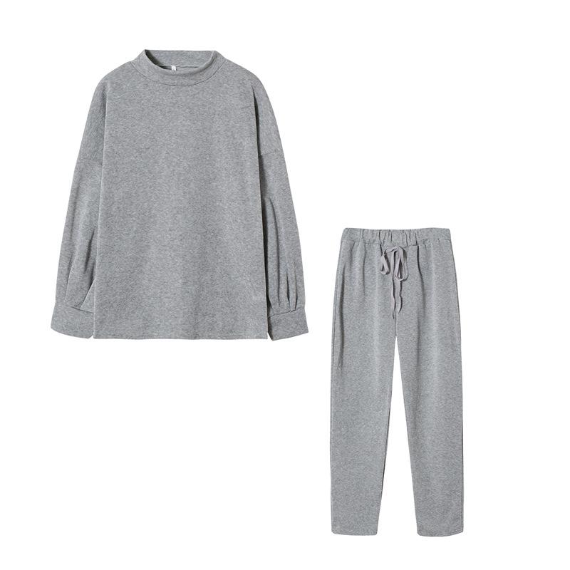 2021 Winter Women's High Neck Casual Loose Solid Hoodie & Trousers Two-Piece Set