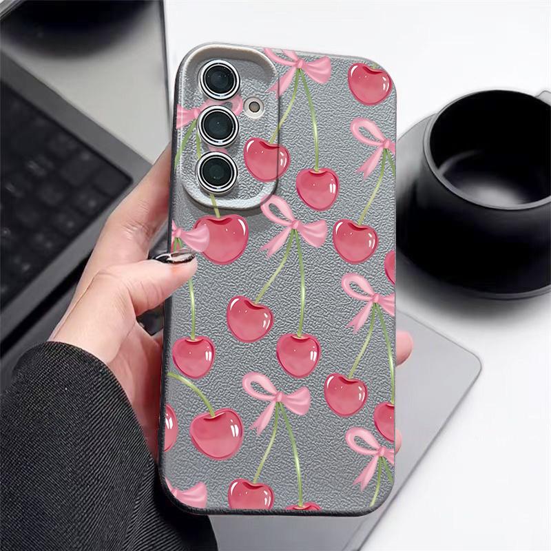 Crystal Cherry Fruits Bowknots Case For Samsung Galaxy A57 A37 A17 A56 A36 A26 A16 A55 A35 A25 A15 A54 5G S21 FE S22 S23 S24 Plus S25 Edge S26 Ultra