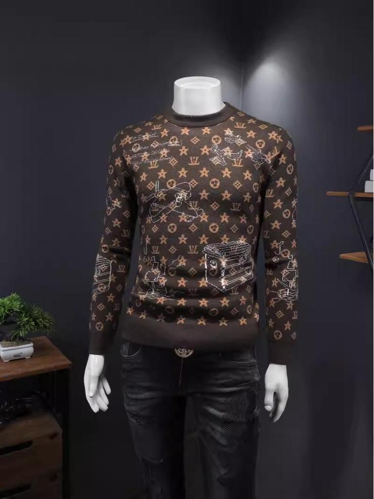 Męski zimowy europejski sweter z żakardowej wełny 2024 - Modny dzianinowy z okrągłym dekoltem, codzienna odzież