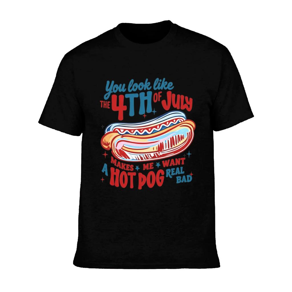 Unisex Funny 4th of July T-Shirt with Novelty Hot Dog Graphic Print, Casual 100% Cotton Colorful Shortsleeve for Outdoor Summer BBQs