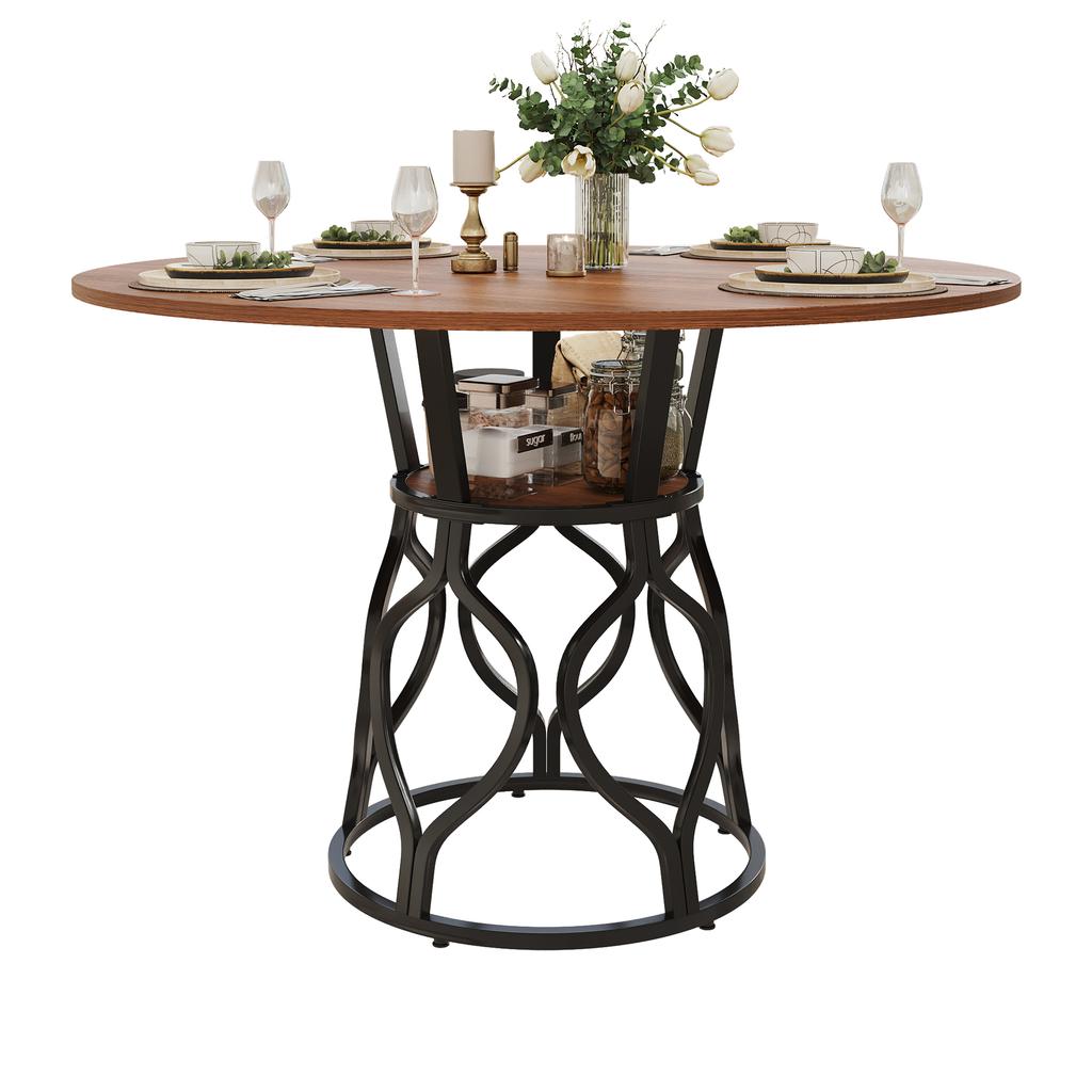 Round Dining Table 100x100x75 Cm, Kitchen Table for 4-6 People with Integrated Shelf, MDF Tabletop In Walnut Look, Modern Metal Frame, Space-saving.