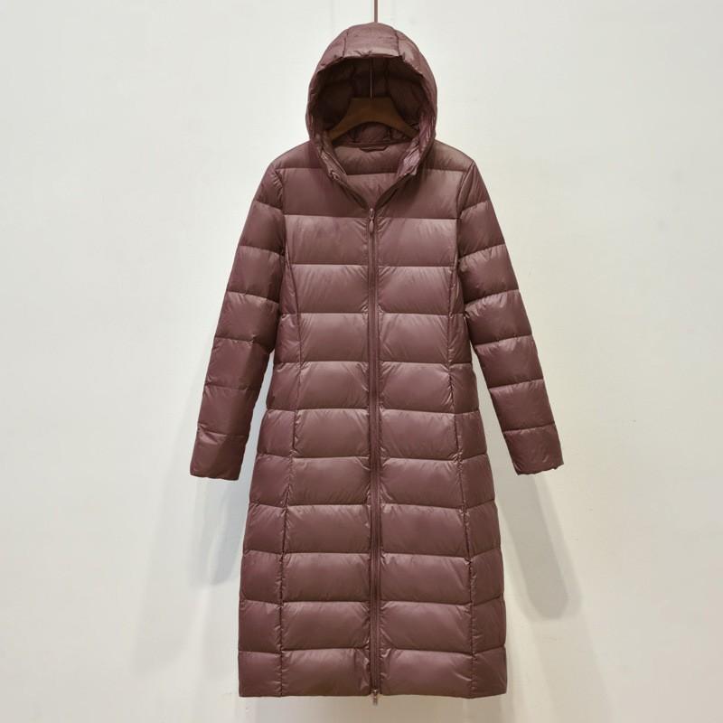 Womens Lightweight Long Down Coat With Hood Slim Fit Knee-Length Duck Jacket Winter