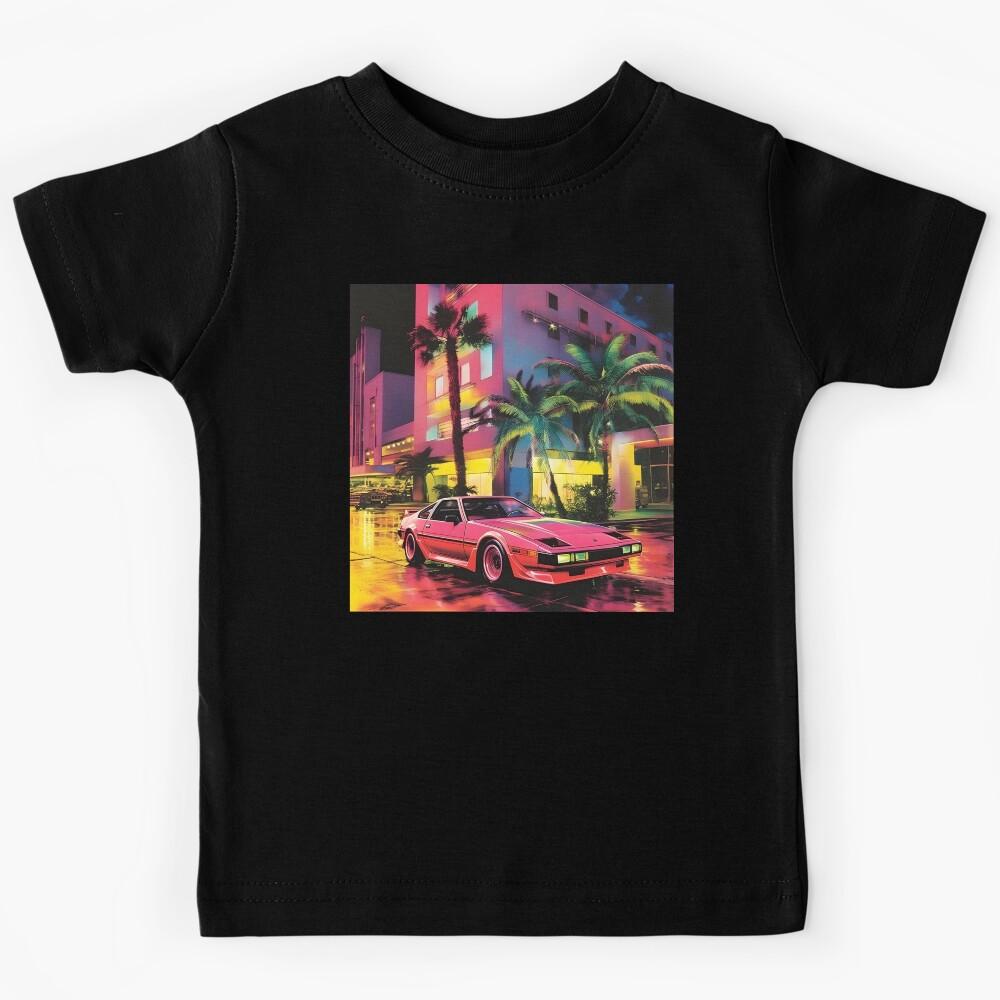 Retro Pink Sports Car and Night City with Plams Kids T-Shirt 170