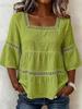 Women Square Neck Lace Trim Bell Sleeve Top Casual Tiered Smocked Solid Color Blouse
