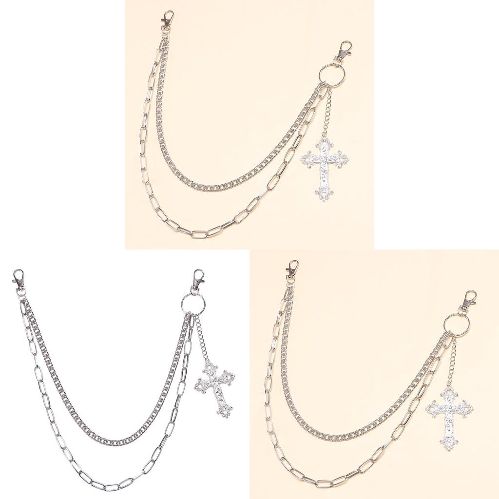Punk Style Double Layer Cross Pendant Metal Chain Belt For Men Hip Hop Streetwear