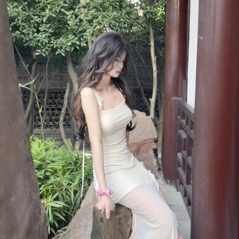 Sweet & Spicy Cap Sleeve Slit Dress: Women's Summer Waist-Cinching Irregular Mesh Long Dress