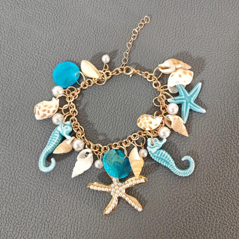 Bohemian Fashion Imitation Shell Starfish Seahorse Pendant Bracelet, Women's Beach Vacation Style Holiday Accessory Gift