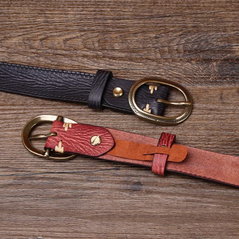 Women's Genuine Leather Engraved Copper Buckle First Layer Cowhide Casual Personality Retro Denim Thin Belt
