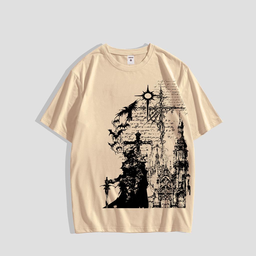 Casual Printed Crew-Neck T-Shirt, Dark Gothic Cross and Castle Print Short-Sleeve T-Shirt, Streetwear Brand Loose Oversized Unisex Top