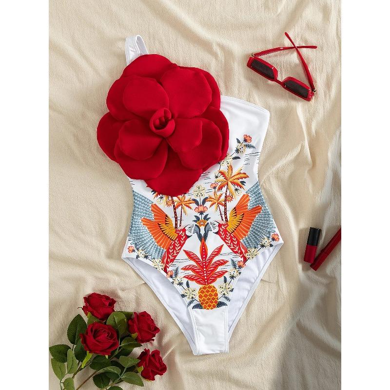 Moda Fiore sulla Spalla Costume da Bagno Intero Sexy Monospalla da Donna Body Stampato Costumi da Bagno Abbigliamento da Spiaggia per Vacanze Femminile