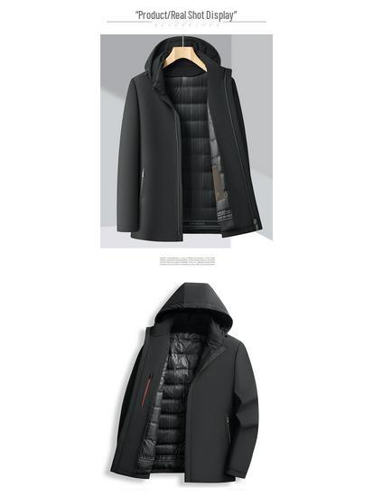 Men's Winter Hooded Jacket with Detachable Goose Down Liner - Warm Casual Outerwear for Middle-aged Dads
