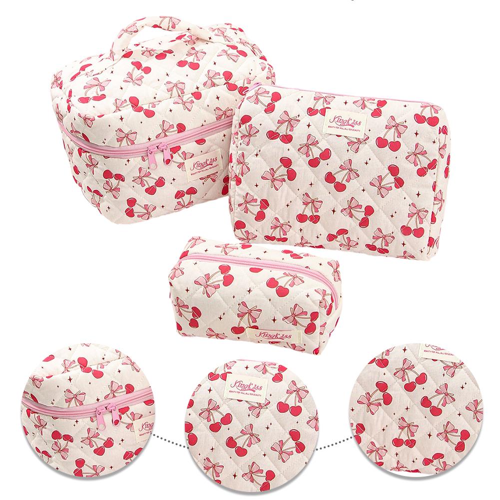 3pcs Cotton Quilted Travel Makeup Bags Large Capacity Toiletry Organizer Bags Makeup Pouch for Women and Girls