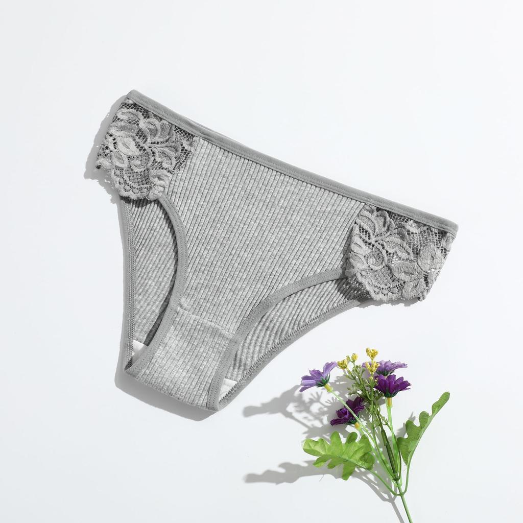 Women's Spring and Summer New Cotton Pure Color Thread Lace Breathable Double Layer Low Waisted Briefs