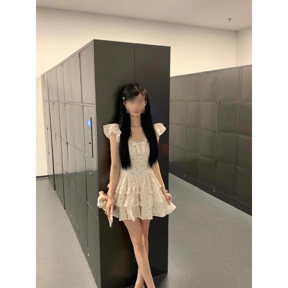 Sweet girlish lace small flying sleeves floral dress first love pure milk sweet gentle wind fluffy princess skirt