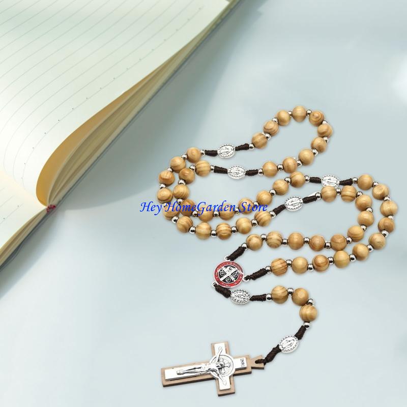 652F Wooden for Cross Rosary Necklaces Bead Hanging Christian Pendant for Women Men Religious Praying Jewelry Gift