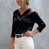 Women's Casual Velvet Long Sleeve V-Neck Cold Shoulder Top