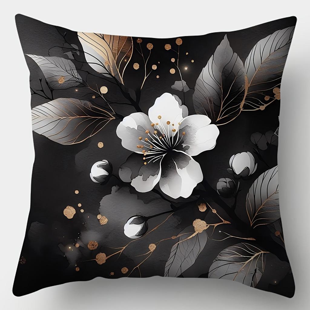 Black, White And Gold Luxurious Floral Pillowcase For Living Room Sofa Zippered Decorative Pillowcase Pillow Core Not Included