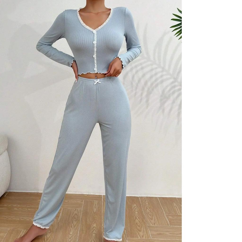 Autumn Winter Homewear Pajamas Set for Women Long Sleeves Shirt Trousers 2 Pieces Sexy Lace Pijamas Sleepwear Loungewear