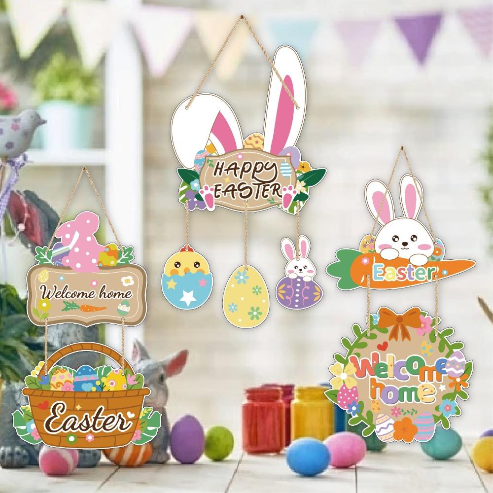 Colorful Easter Welcome Sign Cartoon Easter Hanging Ornament Bunny Egg Decor  Front Door