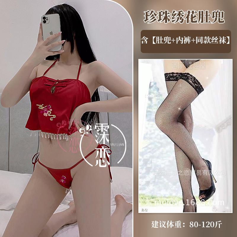 Sexy belly pocket pearl embroidered lace-up panties set classical hollow erotic underwear open-file uniform