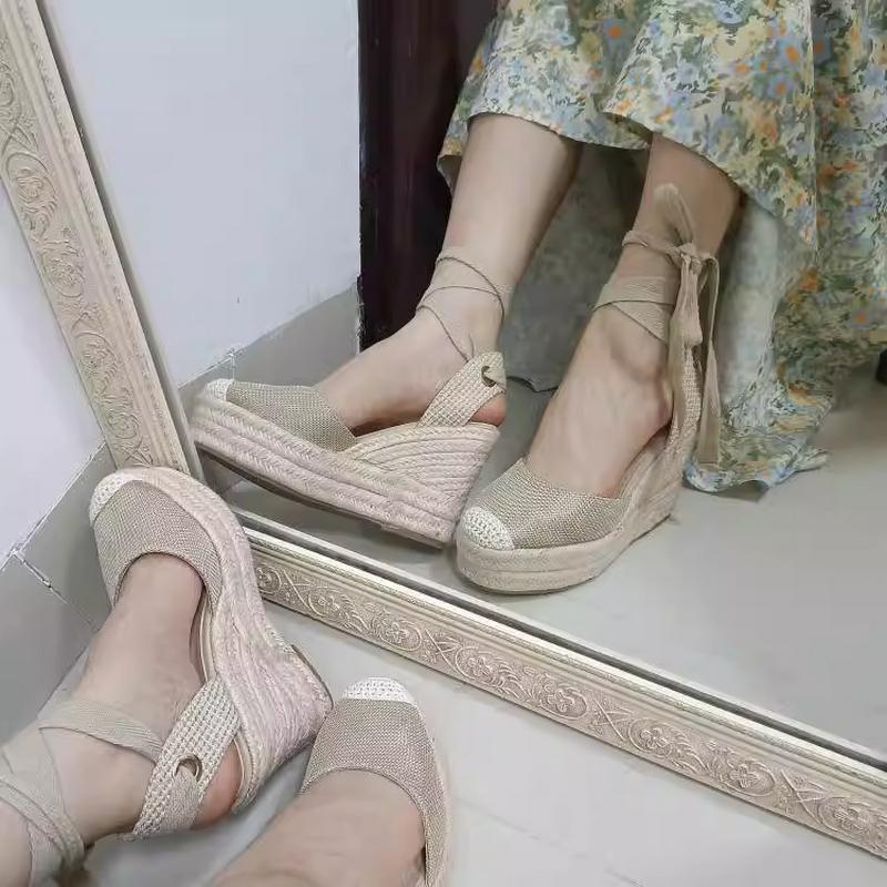 2025 New Design Woven Wedge Heel Fisherman'S Sandals For Women, Summer Retro Cross-Laced Thick-Soled Toe Cap Roman Shoes