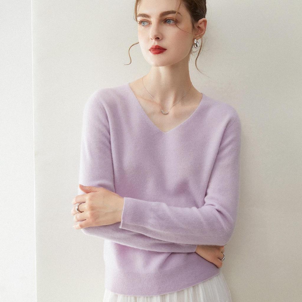 Women's Pure Cashmere V-Neck Pullover Sweater - Knitted, Simple, Versatile Layer