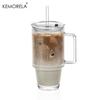 KEMORELA 700ML Stripe Glass Coffee Cup With Lid Straw And Handle Transparent Drinking Glasses for Mango Juice Iced Coffee Mugs