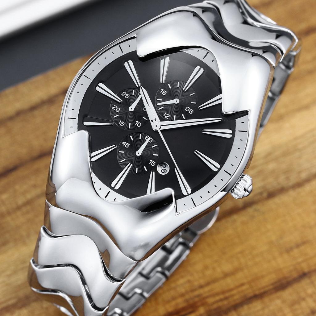 Y2K Quartz Watch Futuristic Case Wavy Stainless Steel Band Chronograph Date Business Waterproof Wristwatch