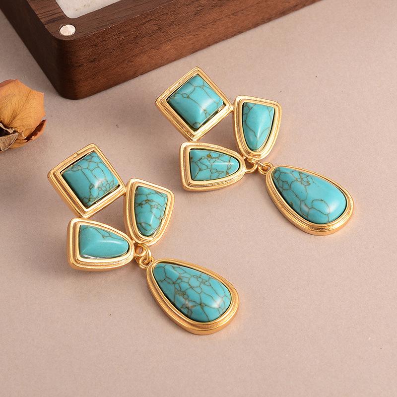Natural stone geometric fringed earrings personalized niche retro high sense medieval vintage design sense women's earrings