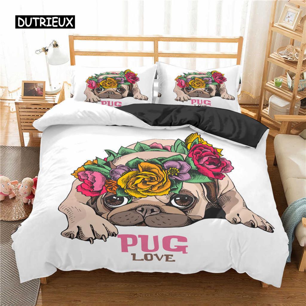 Pug Duvet Cover Set Pet Dog with Flower Bedding Set Animal Theme for Kids Teens Boy Cute Pug Dog King Size Polyester Quilt Cover