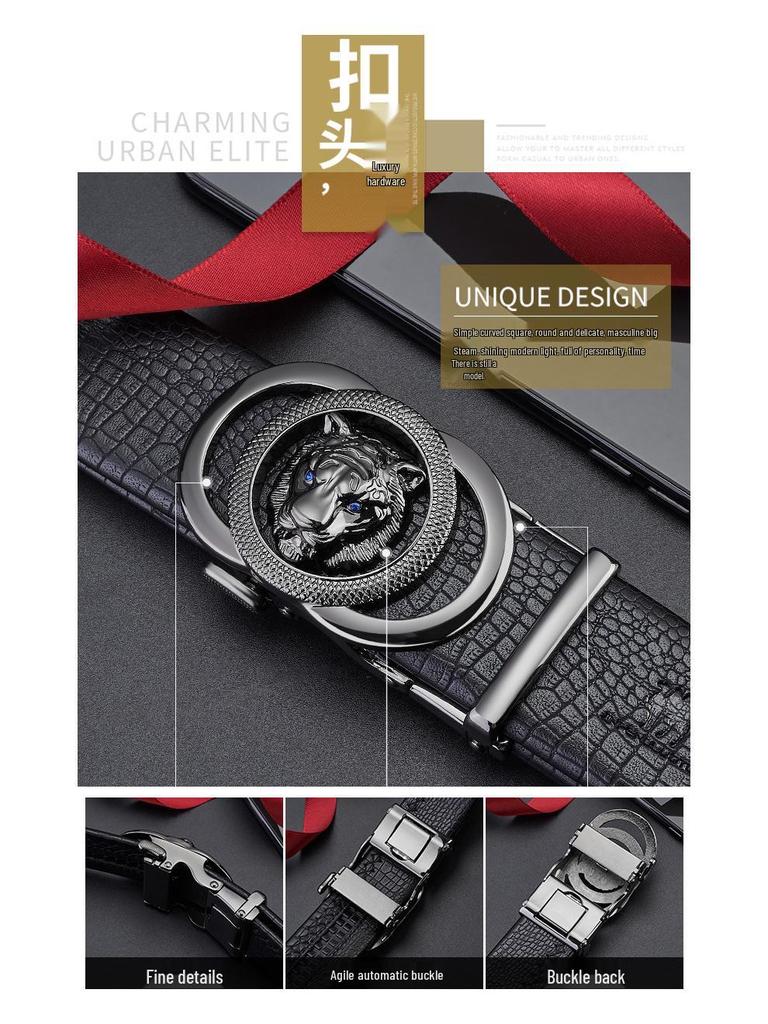 Men's Genuine Leather Belt with Lion Head Automatic Alloy Buckle
