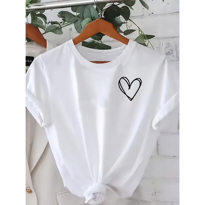 European sizes Women's Plus Size Oversized White Short Sleeve T-Shirt - Heart Print Round Neck Blouse, Loose Fit Casual Summer, Machine Washable