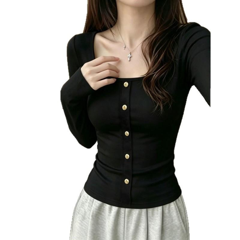 Womens Black U-Neck Long Sleeve T-Shirt Slim Fit Basic Top Casual Wear