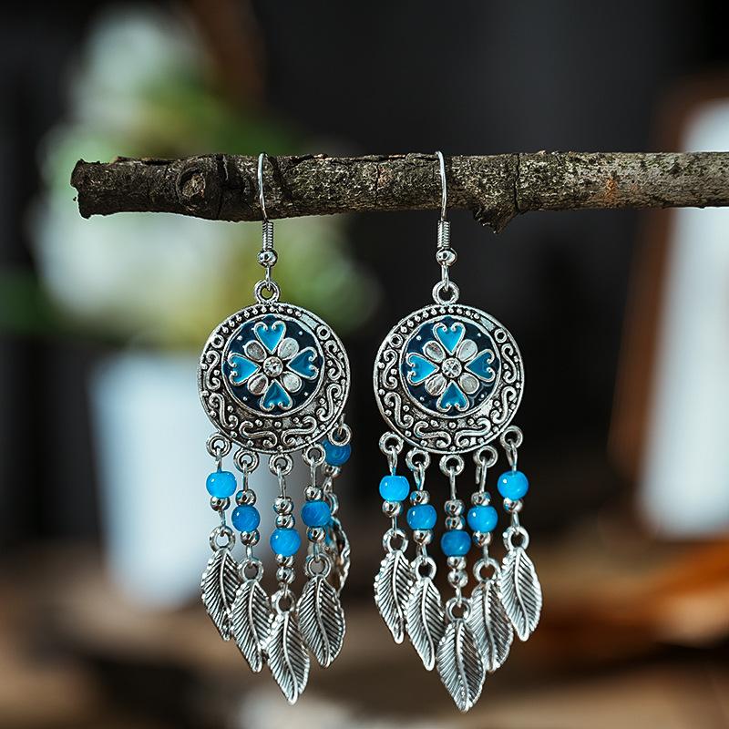 Vintage Ethnic Crystal Bead Leaf Dangle Earrings for Women Silver Color Carved Handmade Earring Female Pediente Bijoux